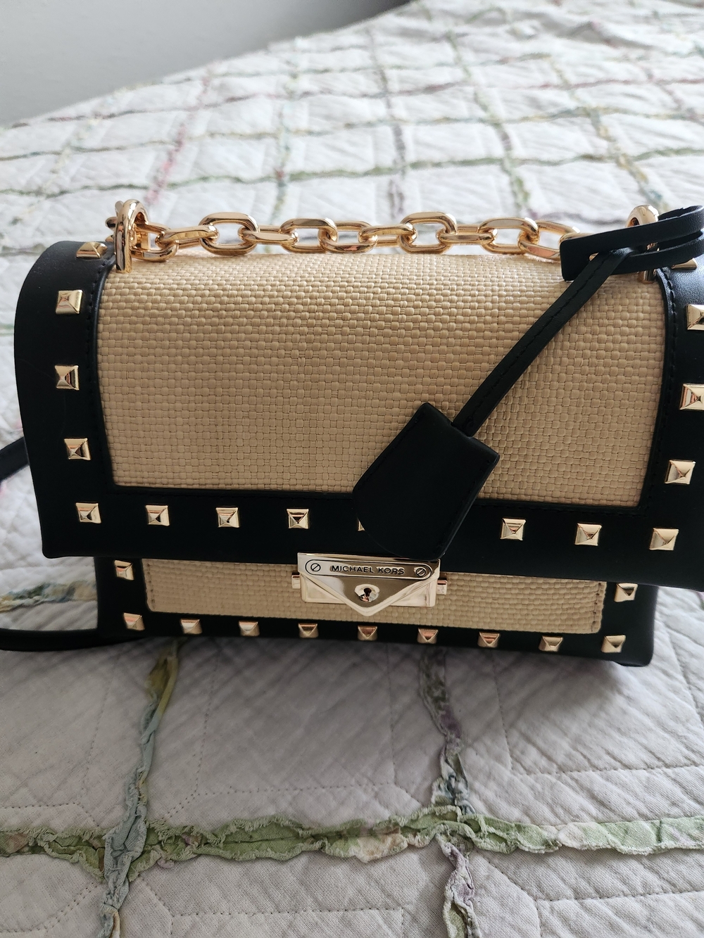 BN Michael Kors Black and Beige Studded Chain Shoulder Bag - Picture 6 of 8
